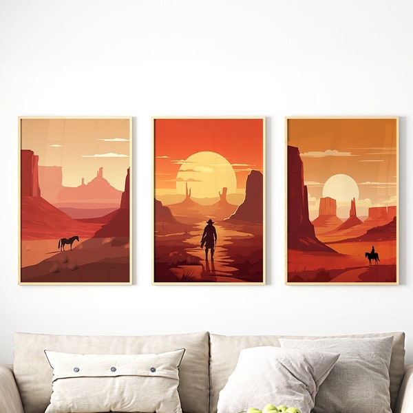 Wild West Wall Art Set of 3 | Cowboy Sunset Scenes | Vintage Desert Landscape Rodeo Prints | Western Frontier Decor | Orange Brown Triptych
