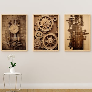 May include: Three framed sepia-toned prints on a white wall. The prints feature a clock with gears, a close-up of gears, and a geometric pattern.