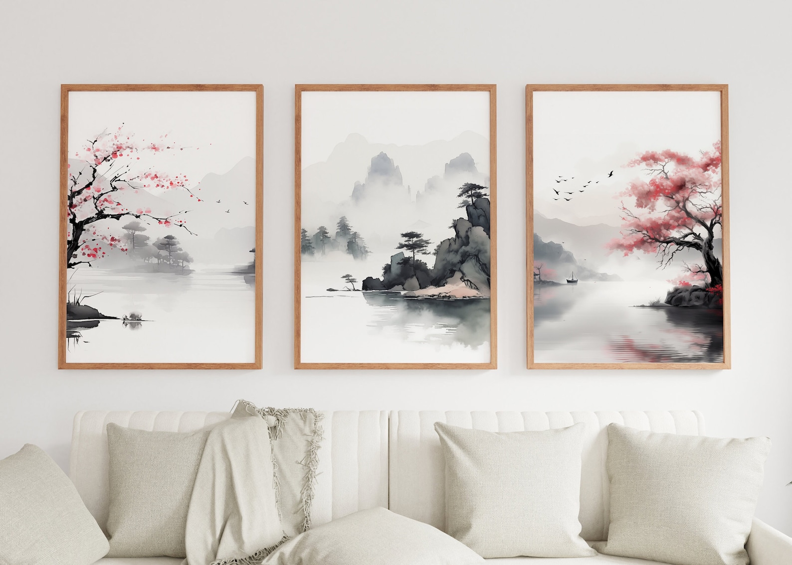 Chinese Ink Wall Art Set of 3 | Minimalistic Landscape Cherry Blossom ...