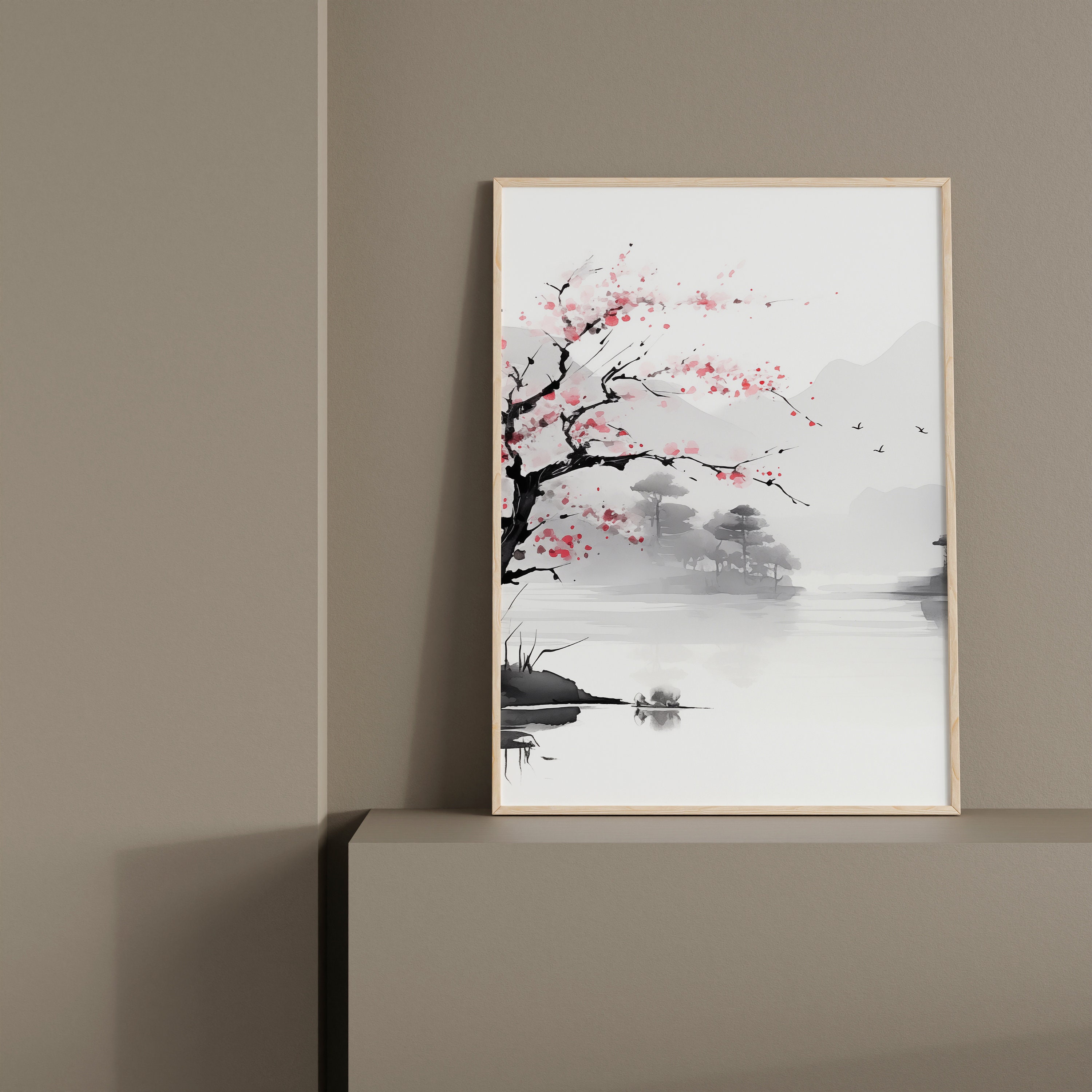Chinese Ink Wall Art Set of 3 | Minimalistic Landscape Cherry Blossom ...