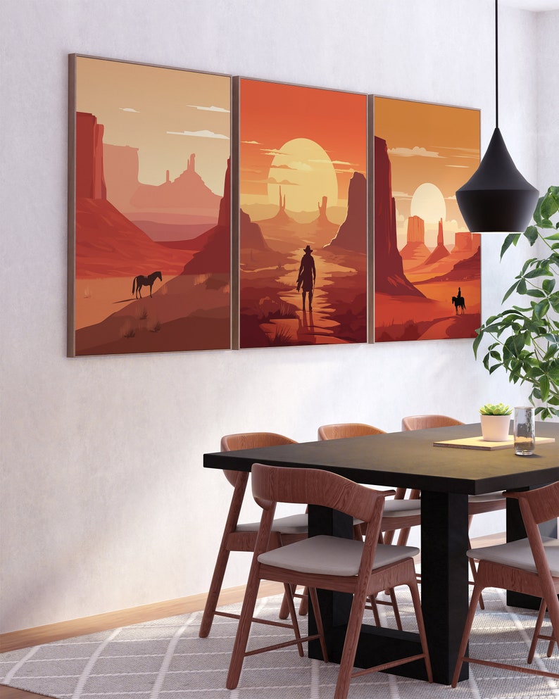 Wild West Wall Art Set of 3 | Cowboy Sunset Scenes | Vintage Desert ...