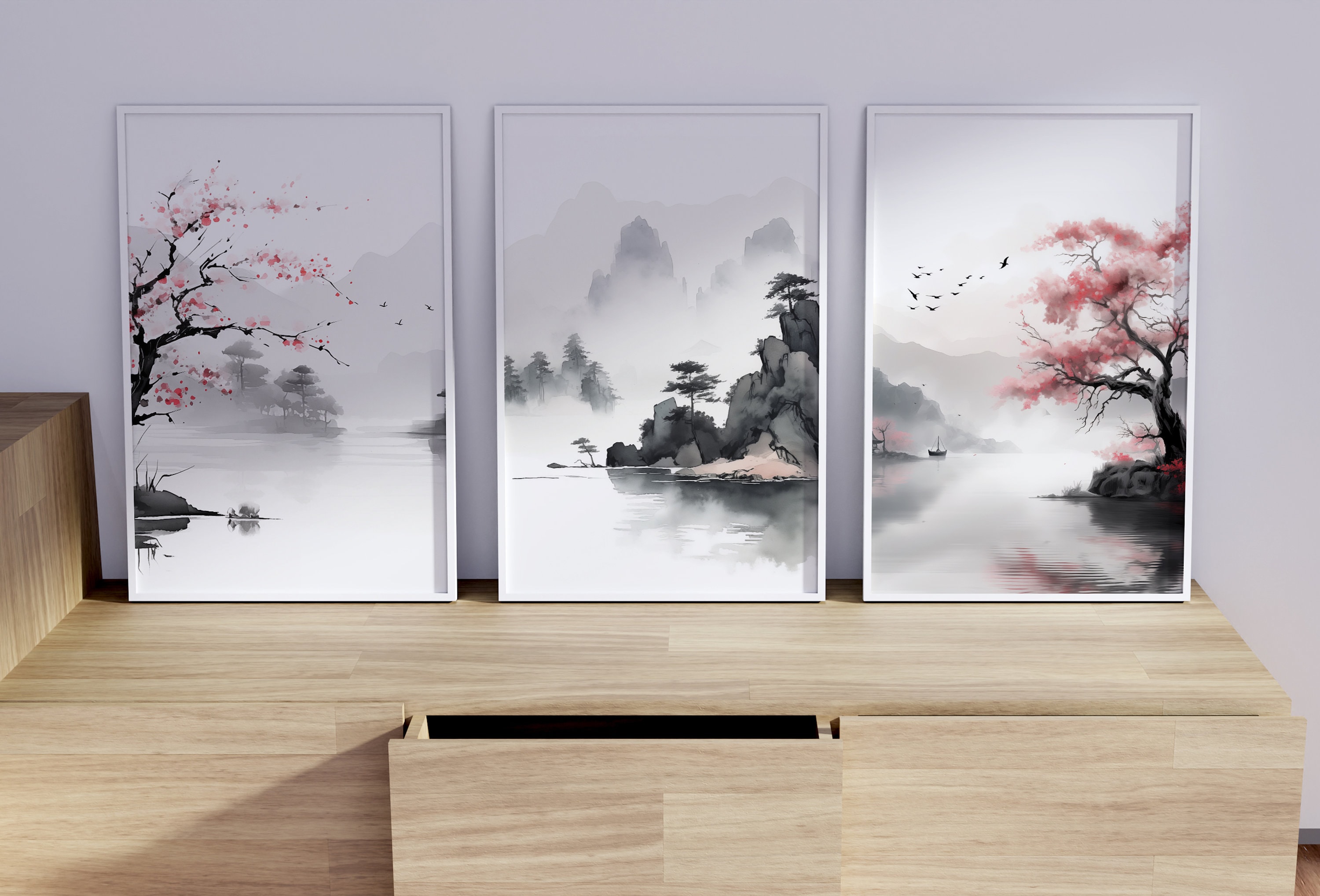 Chinese Ink Wall Art Set of 3 | Minimalistic Landscape Cherry Blossom ...