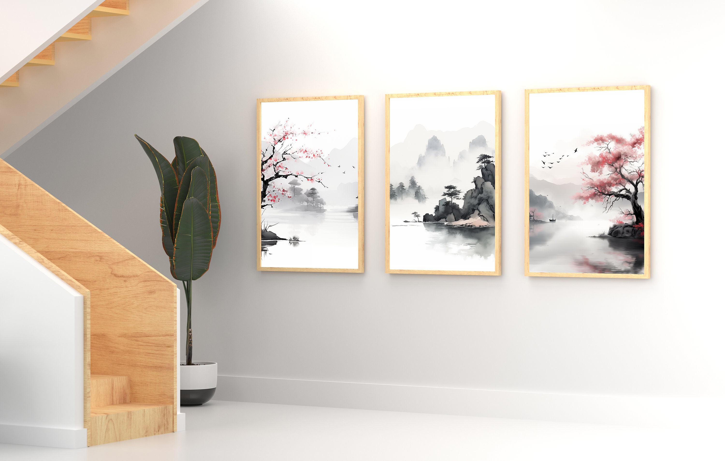 Chinese Ink Wall Art Set of 3 | Minimalistic Landscape Cherry Blossom ...