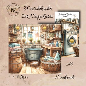 Könnte beinhalten: Aquarell-Illustration eines Waschraums mit Waschmaschine, Metallwanne und Körben voller Handtücher. Das Bild enthält den Text "Waschküche 2er Klappkarte" und "Handmade".