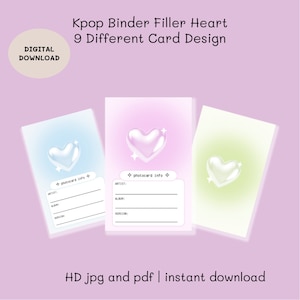 Könnte beinhalten: Digitaler Download von Kpop-Binder-Füllkarten mit Herzdesigns. Die Karten haben einen Farbverlaufshintergrund in Blau, Rosa und Grün mit einem klaren Herzen und Sternakzenten. Jede Karte hat einen Abschnitt für Künstler-, Album- und Versionsinformationen.