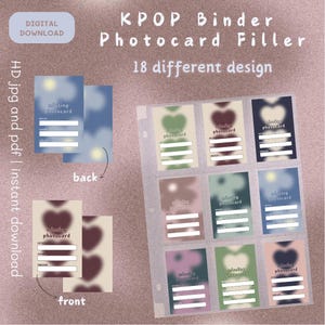 May include: A digital download of 18 different photocard filler designs for a KPOP binder. The designs feature a variety of colours and patterns, including hearts, clouds, and flowers. The text "missing photocard" is included on each design.