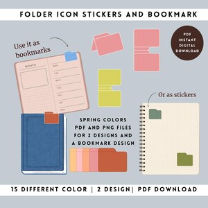 Op de afbeelding: Digitale downloadafbeelding met mapicoonstickers en bladwijzerontwerpen in lentekleuren. De afbeelding bevat een notitieboek met stickers, een planner met een bladwijzer en verschillende mapiconen in verschillende kleuren. Tekst luidt "15 Different Color | 2 Design | PDF Download."