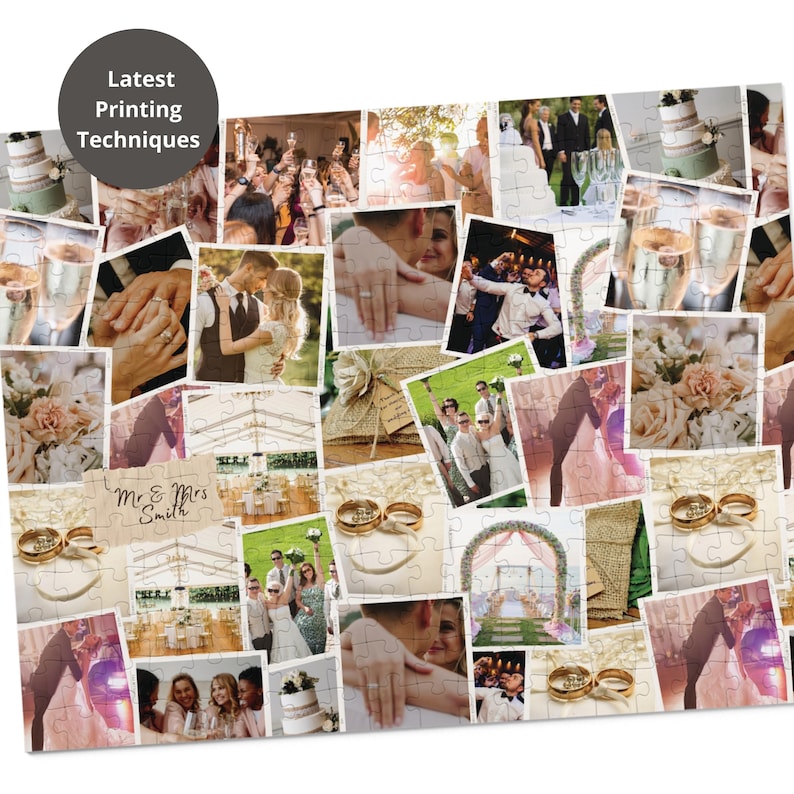 May include: A collage of wedding photos with a white background. The photos are arranged in a grid pattern and feature a variety of wedding-related images, including the bride and groom, wedding rings, flowers, and a wedding cake. The text "Mr. & Mrs. Smith" is visible in the center of the collage.