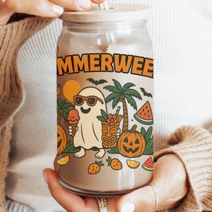 Personalized Summerween Sipper Glass, Summerween Party, Summerween Decor, Funny Summer Tumbler, Iced Coffee Glass, Cute Ghost Libbey Glass