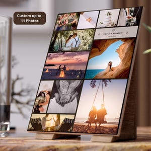 Puede incluir: Un expositor de fotos de madera con un collage de fotos de boda. La pantalla incluye el texto "Custom up to 11 Photos" y los nombres "SOFIA & WILLIAM" con una fecha. Las fotos muestran varias escenas de boda.
