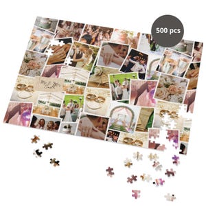 May include: A 500 piece jigsaw puzzle featuring a collage of wedding photos. The puzzle is made of cardboard and has a white background. The photos are arranged in a grid pattern and show a variety of wedding-related scenes, including the bride and groom, the wedding ceremony, the reception, and the wedding cake. The puzzle is a great way to commemorate a special wedding day.