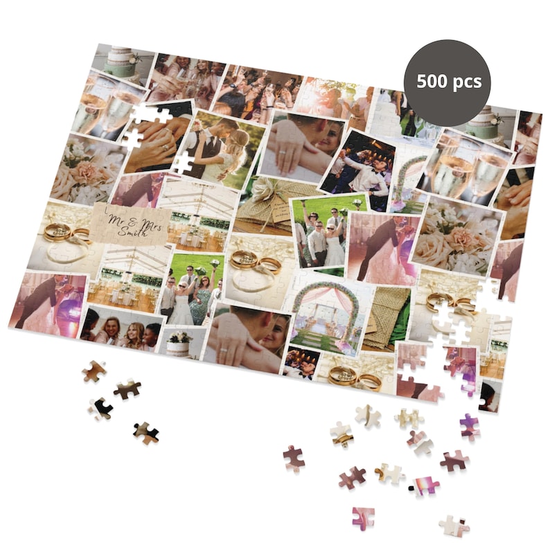 May include: A 500 piece jigsaw puzzle featuring a collage of wedding photos. The puzzle is made of cardboard and has a white background. The photos are arranged in a grid pattern and show a variety of wedding-related scenes, including the bride and groom, the wedding ceremony, the reception, and the wedding cake. The puzzle is a great way to commemorate a special wedding day.