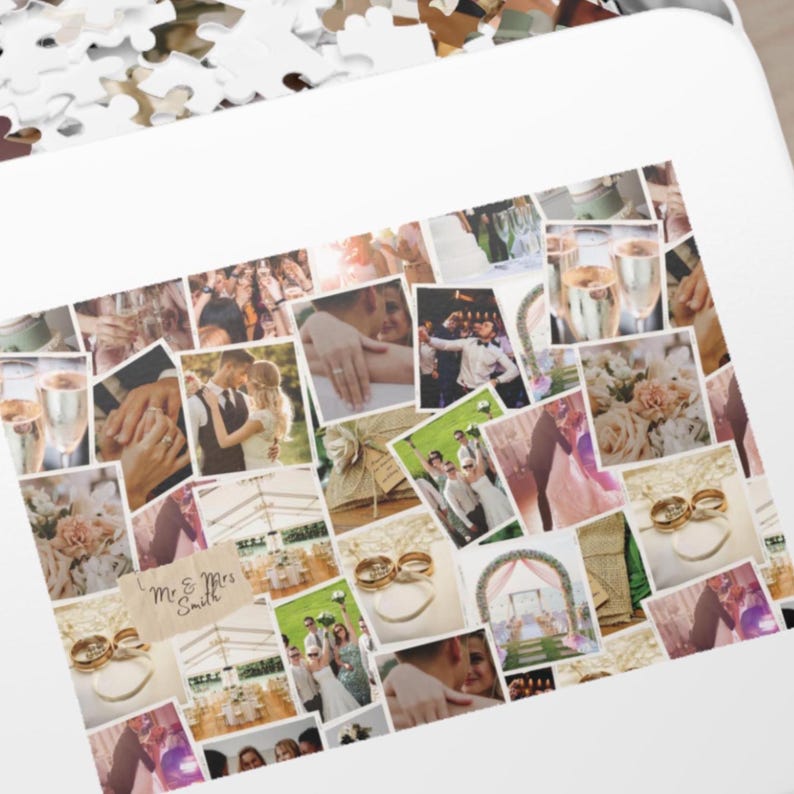 May include: A collage of wedding photos featuring a couple, guests, and wedding details. The collage includes photos of the couple getting ready, the ceremony, the reception, and the couple's first dance. The text "Mr. & Mrs. Smith" is included in the collage.