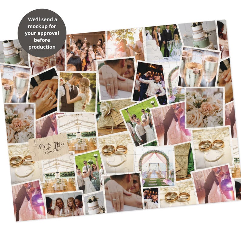 May include: A collage of wedding photos in a puzzle format. The photos show the bride and groom, wedding guests, and wedding details. The puzzle is titled "Mr. & Mrs. Smith".