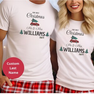 Custom Our First Christmas As Mr and Mrs, Couples Christmas Pajamas,  Funny Couples Christmas Pajamas, Mr and Mrs Shirt, Christmas Pjs