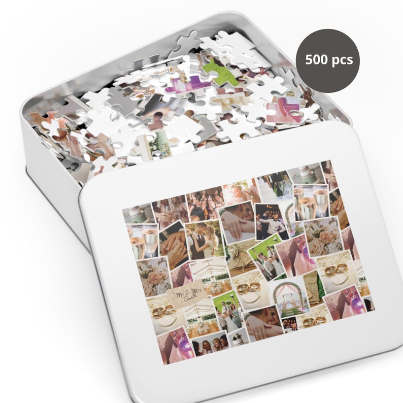 May include: A white box with a collage of wedding photos on the front. The box is open and the puzzle pieces are scattered inside. The box says "500 pcs" on the side.