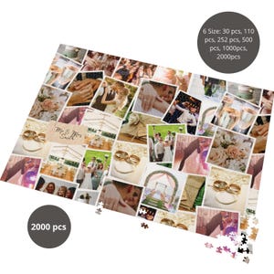 May include: A 2000 piece jigsaw puzzle featuring a collage of wedding photos. The puzzle includes a variety of images, including the bride and groom, wedding rings, and flowers. The puzzle is titled "Mr. & Mrs. Smith".