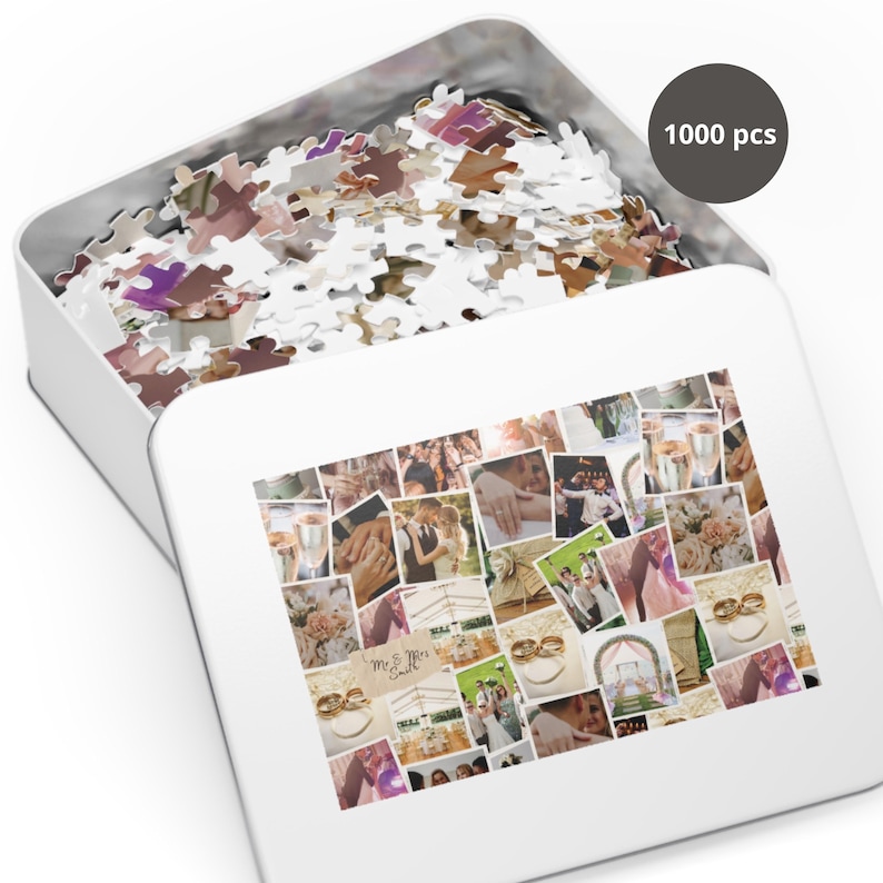 May include: A white box with a collage of wedding photos on the front. The box contains a 1000 piece jigsaw puzzle of the same collage. The text "1000 pcs" is printed on the box.