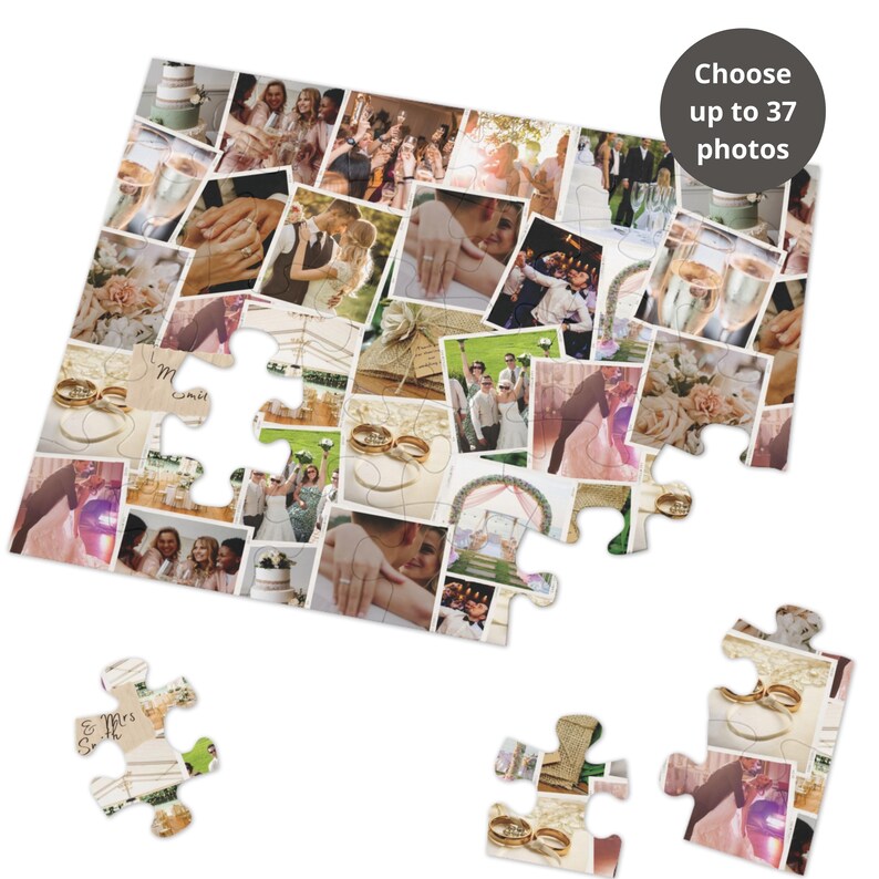 May include: A wedding photo puzzle with 37 spaces for photos. The puzzle is made of white cardboard and has a collage of wedding photos on it. The puzzle is partially assembled, with some pieces missing.