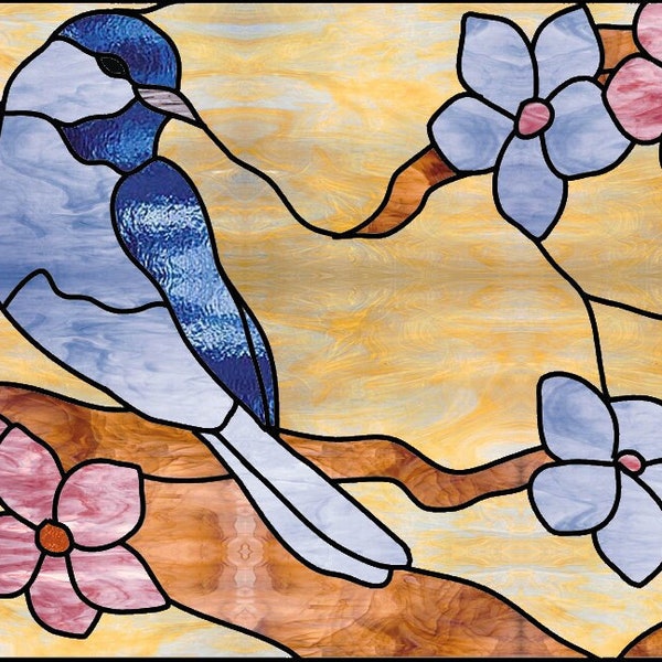 Stained glass pattern - Dogwood flowers and birds