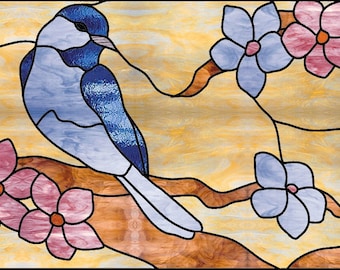 Patrón de vidrieras - Flores y pájaros de cornejo