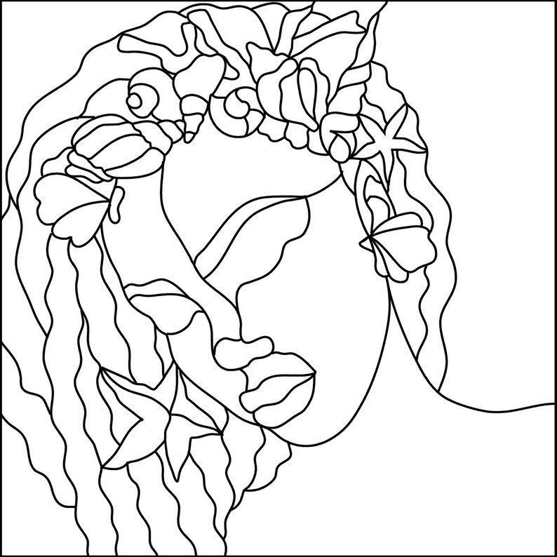 Puede incluir: Ilustraci&oacute;n de l&iacute;nea de arte de la cara de una mujer con flores y mariposas en el pelo. La cara de la mujer est&aacute; estilizada y las flores y las mariposas son detalladas.