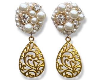 Embroidered pearl earrings dangle drop jewelry statement womens asseccories unique handmade gift for her bridal style wedding design bijou