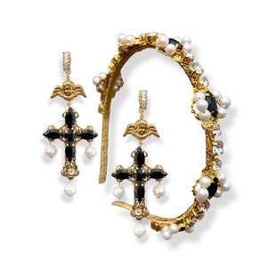 Baroque jewelry set Dolce Vita cryatal headband for women angel cross earrings custom black hairpiece pearl tiara gold embellished headpiece