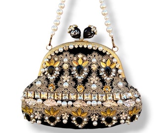 Velvet embroidered bag Dolce Vita pearl crystal purse Italian baroque gold lace womens accessory handmade custom gift personalized design