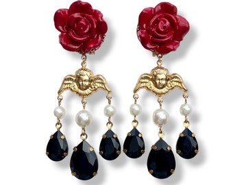 イタリアのバロックシャンデリアイヤリングドルチェヴィータエンジェルジュエリー赤いバラの花のアクセサリーブラックダングルドロップクリスタルビジュー天使彼女への贈り物