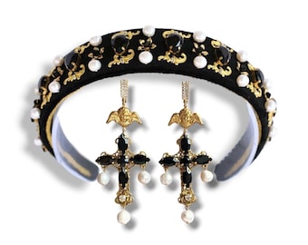 Zwarte parel barokke hoofdband Dolce Vita kruis oorbellen sieraden set geborduurde tiara fluwelen hoofdtooi juwelen aangepaste Byzantijnse hoofddeksel