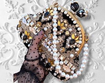 Italienische Barock Tasche Dolce Vita Perlen Kristall Goldspitze Damen Accessoire handgefertigt Geschenk für Sie