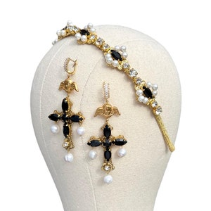 Baroque headband for women Dolce Vita cross earrings black crystal hairpiece hair jewelry set Italian pearl tiara gold embellished headpiece