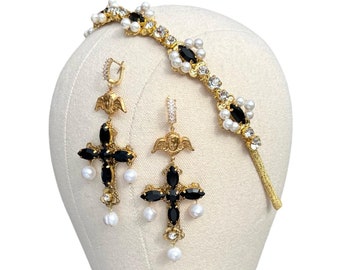 Baroque headband for women Dolce Vita cross earrings black crystal hairpiece hair jewelry set Italian pearl tiara gold embellished headpiece