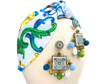 Sicilian shell jewelry set Dolce Vita headband Italian majolica summer earrings mediterranean knotted turban Pom Pom coins womens accessory