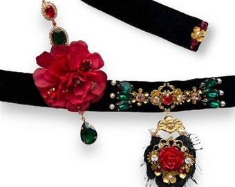Dolce Vita jewelry set baroque velvet choker Victorian angel accessories for women flower earrings embroidered crystal necklace lace pendant