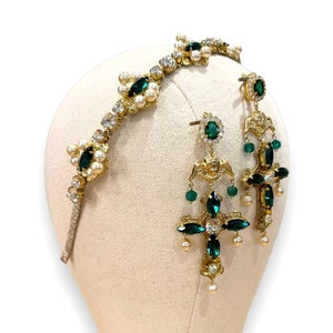 Emerald jewelry set Dolce Vita angel cross earrings crystal pearl tiara jeweled headband green rhinestones Cupid accessory Sicilian baroque