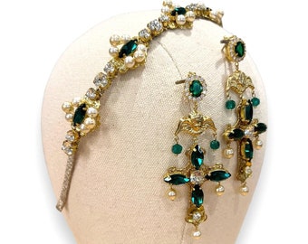 Emerald jewelry set Dolce Vita angel cross earrings crystal pearl tiara jeweled headband green rhinestones Cupid accessory Sicilian baroque