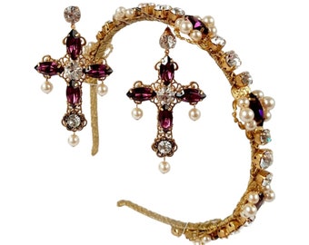 Baroque amethyst headband Dolce Vita cross earrings crystal hair jewelry set pearl tiara gold embellished headpiece Italian womens hairpiece