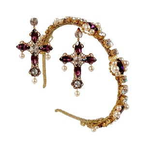 Baroque amethyst headband Dolce Vita cross earrings crystal hair jewelry set pearl tiara gold embellished headpiece Italian womens hairpiece
