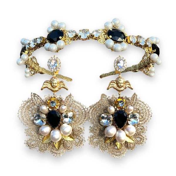 Hair jewelry baroque set Dolce Vita headband gold lace earrings pearl crystal headpiece Italian vintage angel handmade accessories for women
