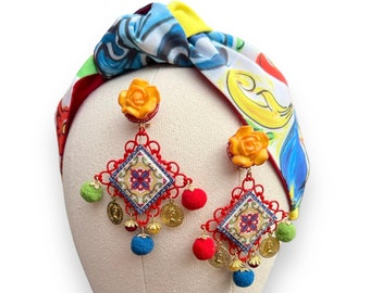 Sicilian jewelry set majolica headband Dolce Vita summer turban Pom Pom earrings coins handmade accessories Italian fabric womens headpiece