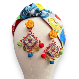Sicilian jewelry set majolica headband Dolce Vita summer turban Pom Pom earrings coins handmade accessories Italian fabric womens headpiece