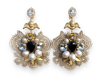 14K gold plated zirconia crystal freshwater pearl earrings Dolce Vita lace jewelry baroque angel accessory gold dangle style statement gift