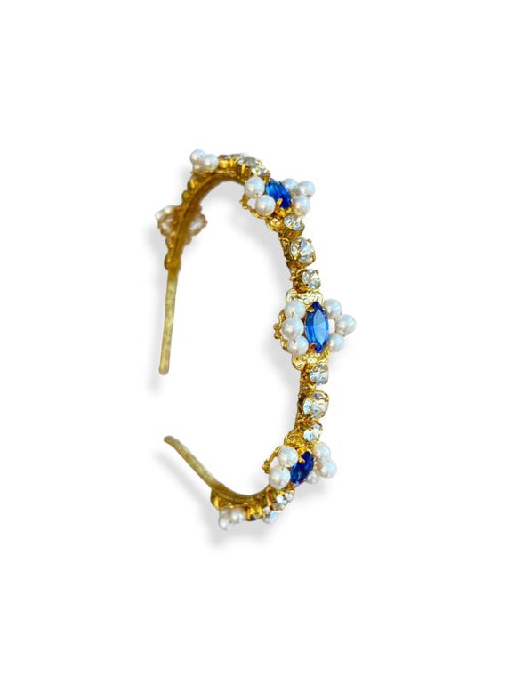 Blue Crystal Headband Sapphire Baroque Tiara Pearl Jeweled 
