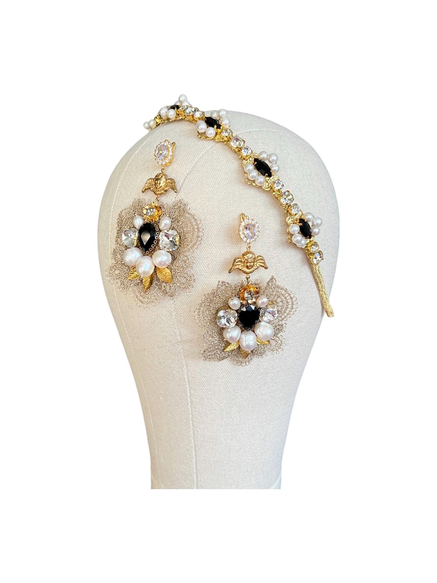Hair jewelry baroque set Dolce Vita headband gold lace earrings pearl crystal headpiece Italian vintage angel handmade accessories for women