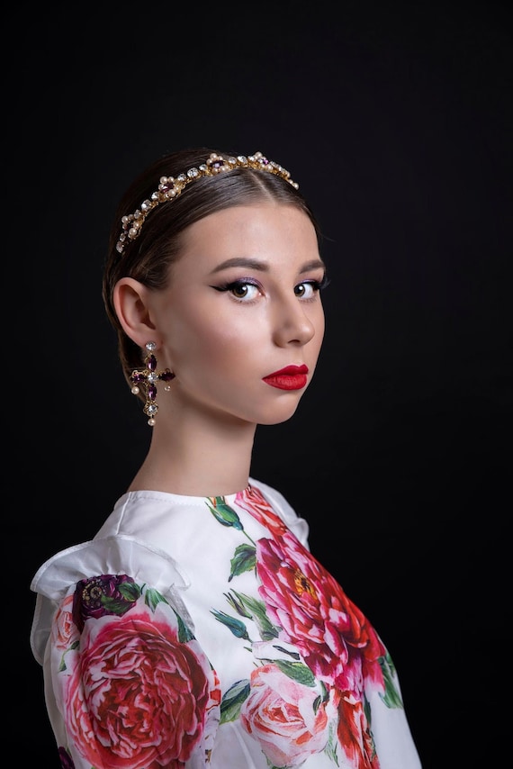Amethyst Baroque Headband Pearl Crystal Tiara Cross Earrings 