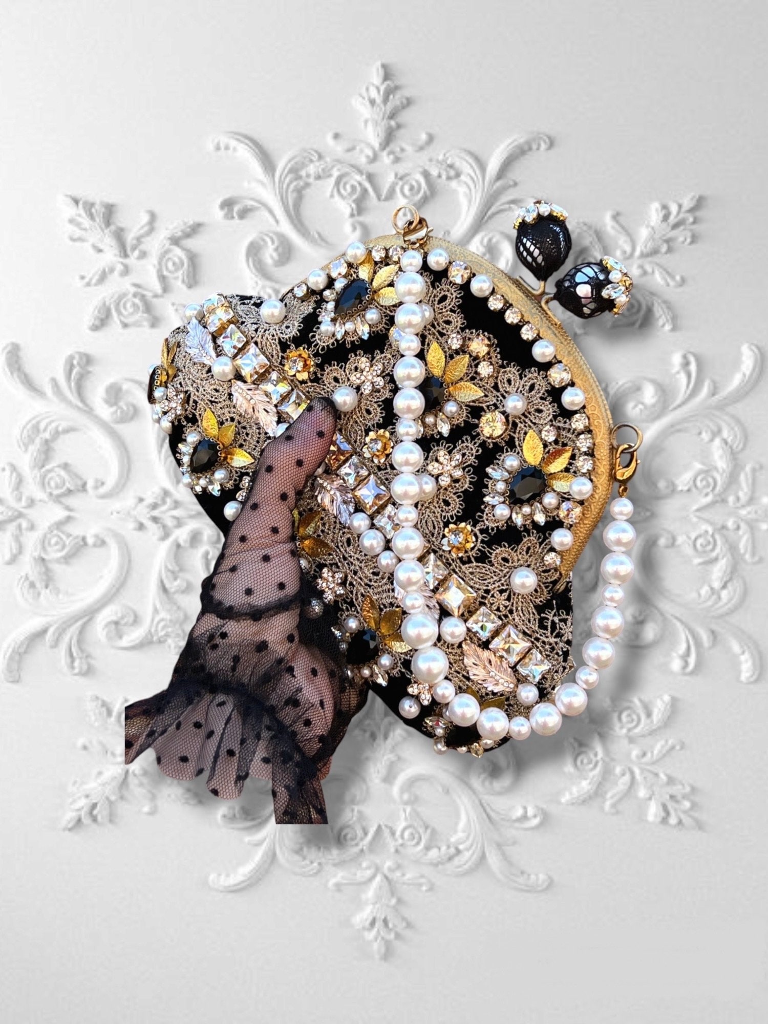 New! The “Caviar” Rhinestone and Faux Pearls Black Velvet Statement Headband The spirit of the glam 1920s is alive in this dress from  main image 2