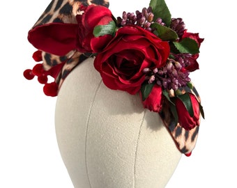 Sicilian Flower Headband Leopard Fabric Turban Bow Headpiece 