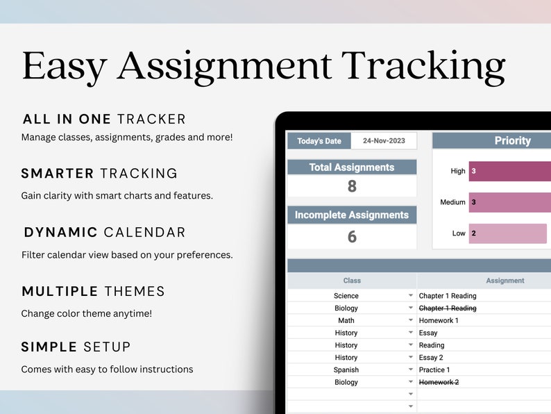 Student Assignment Tracking System Assignment Tracker Spreadsheet | Student Homework Log | Google Sheets ...